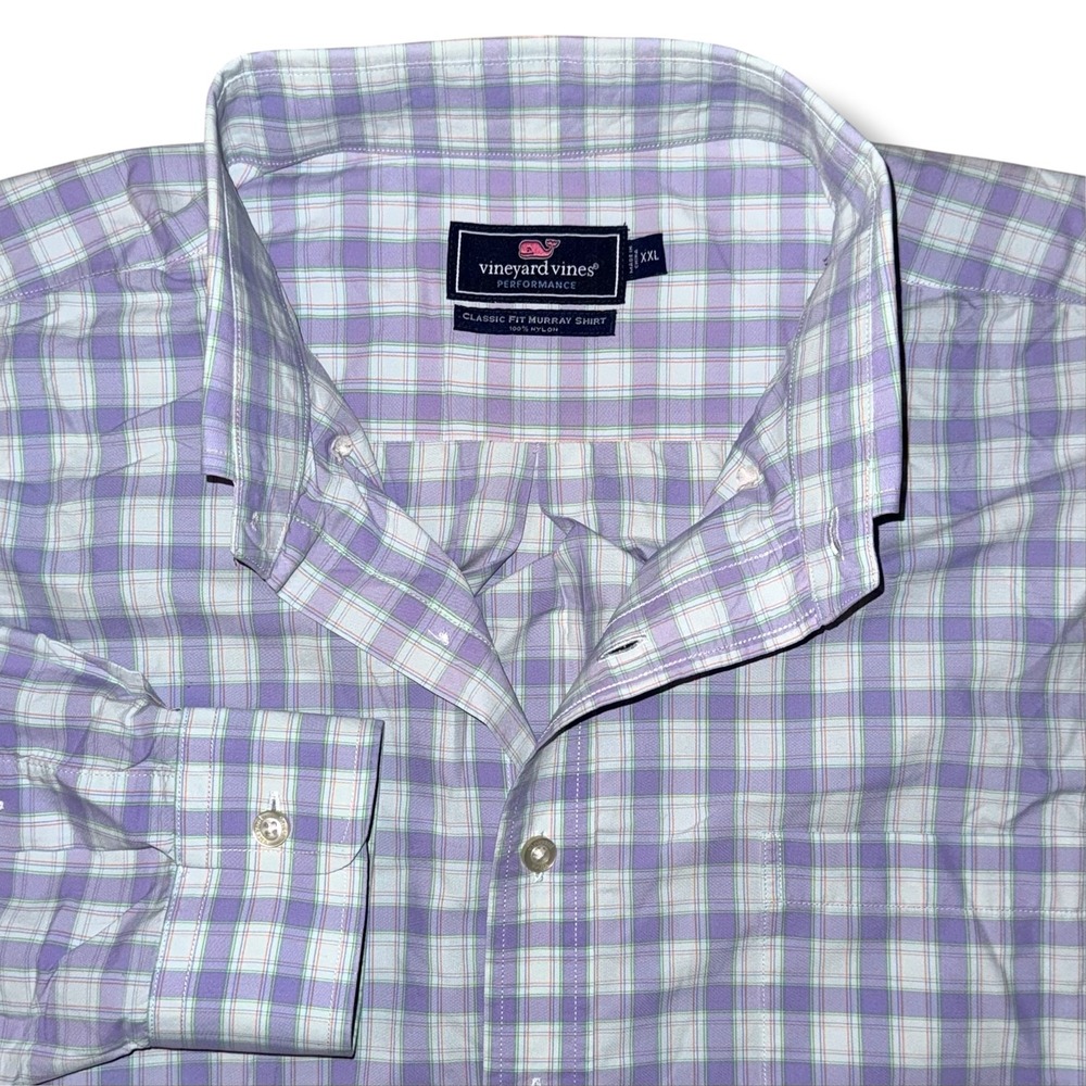 Vineyard Vines Performance Classic Fit Murray Shirt Purple Plaid XXL 100% Nylon